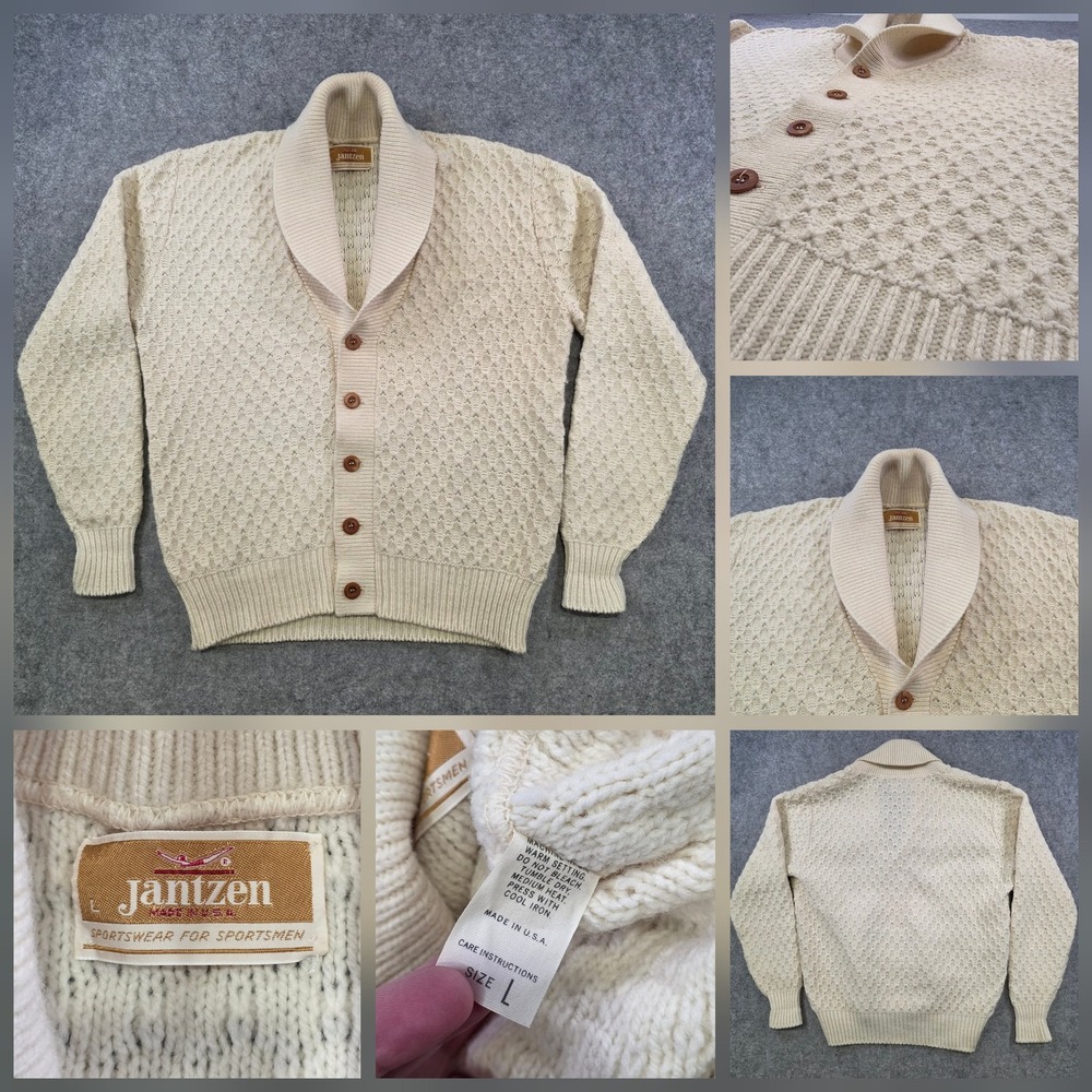 VTG 70s? Jantzen Sweater Mens Large White Shawl Collar Cardigan Knit Made In USA